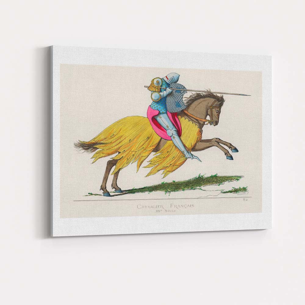 Medieval French Knight on Horseback Colourful Historic Costume Illustration Canvas Wall Art Print Decor Picture Ready to Hang