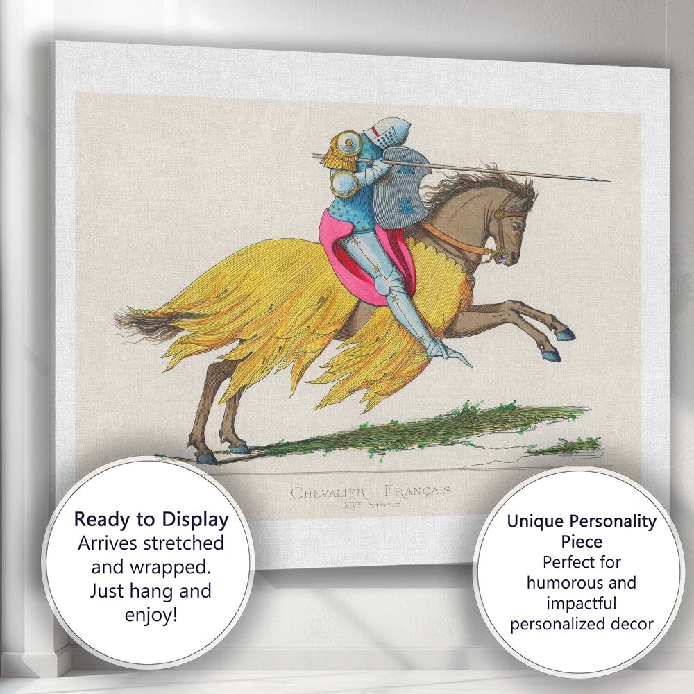 Medieval French Knight on Horseback Colourful Historic Costume Illustration Canvas Wall Art Print Decor Picture Ready to Hang