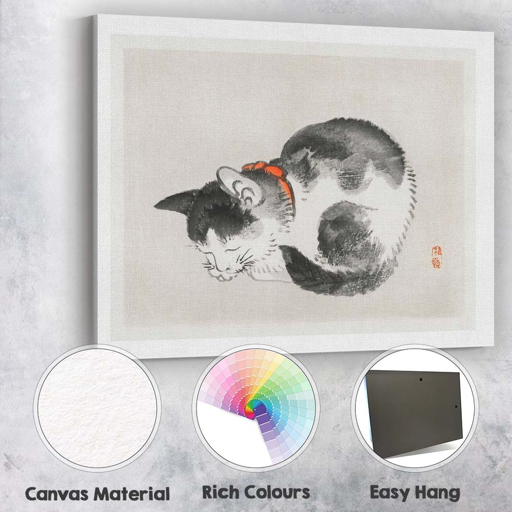 Minimalist Sleeping Cat Japanese Ink Wash Painting Canvas Wall Art Print Decor Picture Ready to Hang