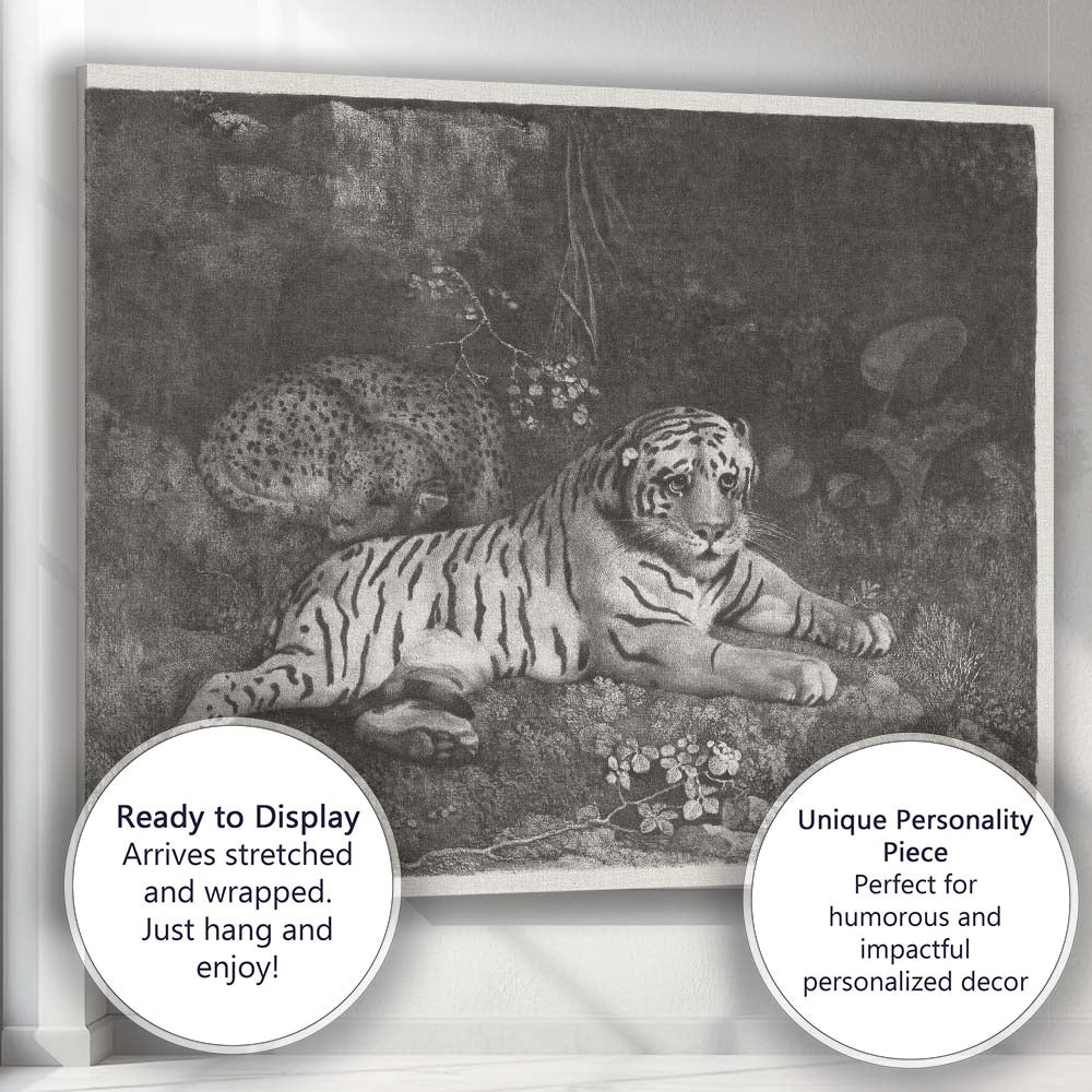White Tiger And Leopard Jungle Wildlife Monochrome Illustration Canvas Wall Art Print Decor Picture Ready to Hang