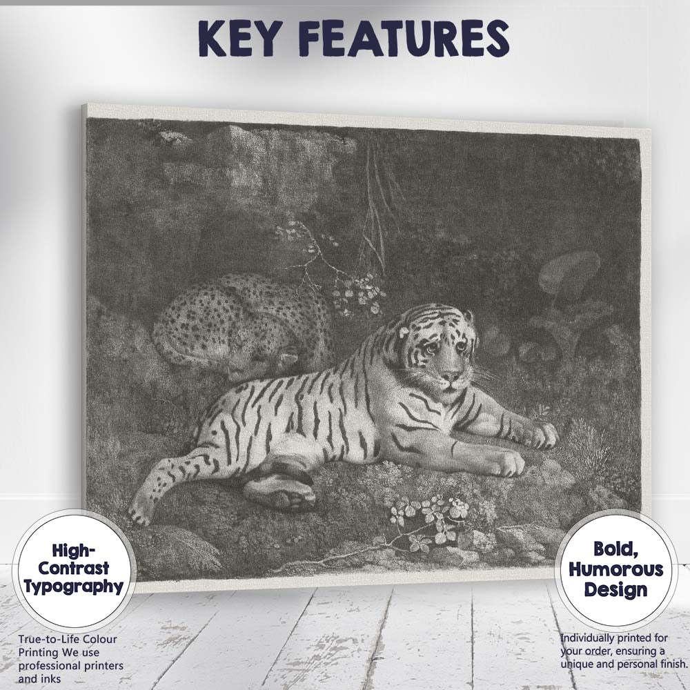 White Tiger And Leopard Jungle Wildlife Monochrome Illustration Canvas Wall Art Print Decor Picture Ready to Hang