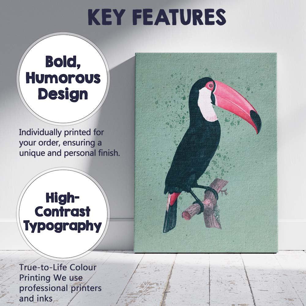 Tropical Toucan Bird Watercolour Illustration On Sage Green Canvas Wall Art Print Decor Picture Ready to Hang