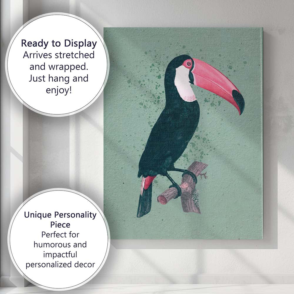 Tropical Toucan Bird Watercolour Illustration On Sage Green Canvas Wall Art Print Decor Picture Ready to Hang
