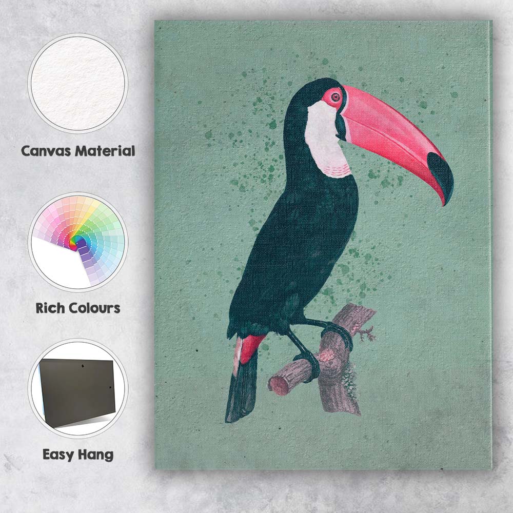 Tropical Toucan Bird Watercolour Illustration On Sage Green Canvas Wall Art Print Decor Picture Ready to Hang