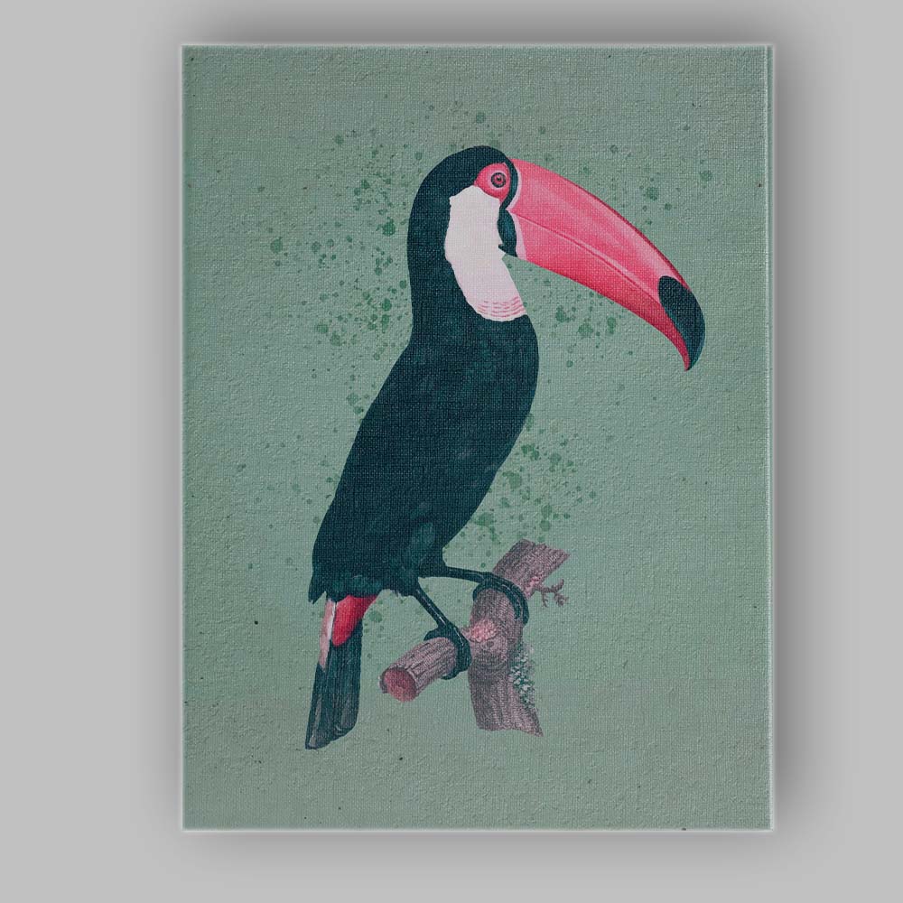 Tropical Toucan Bird Watercolour Illustration On Sage Green Canvas Wall Art Print Decor Picture Ready to Hang