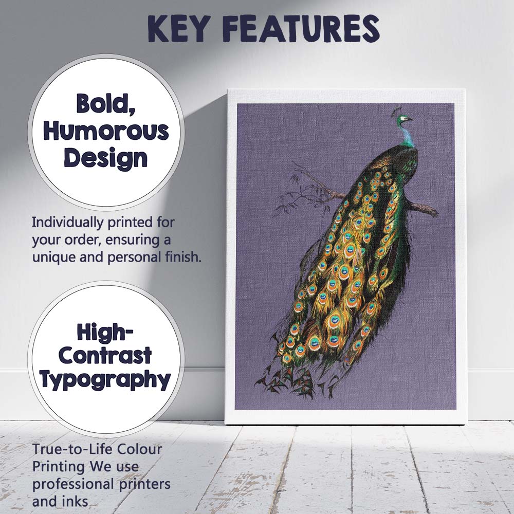Majestic Peacock Bird Illustration On Soft Lavender Background Canvas Wall Art Print Decor Picture Ready to Hang