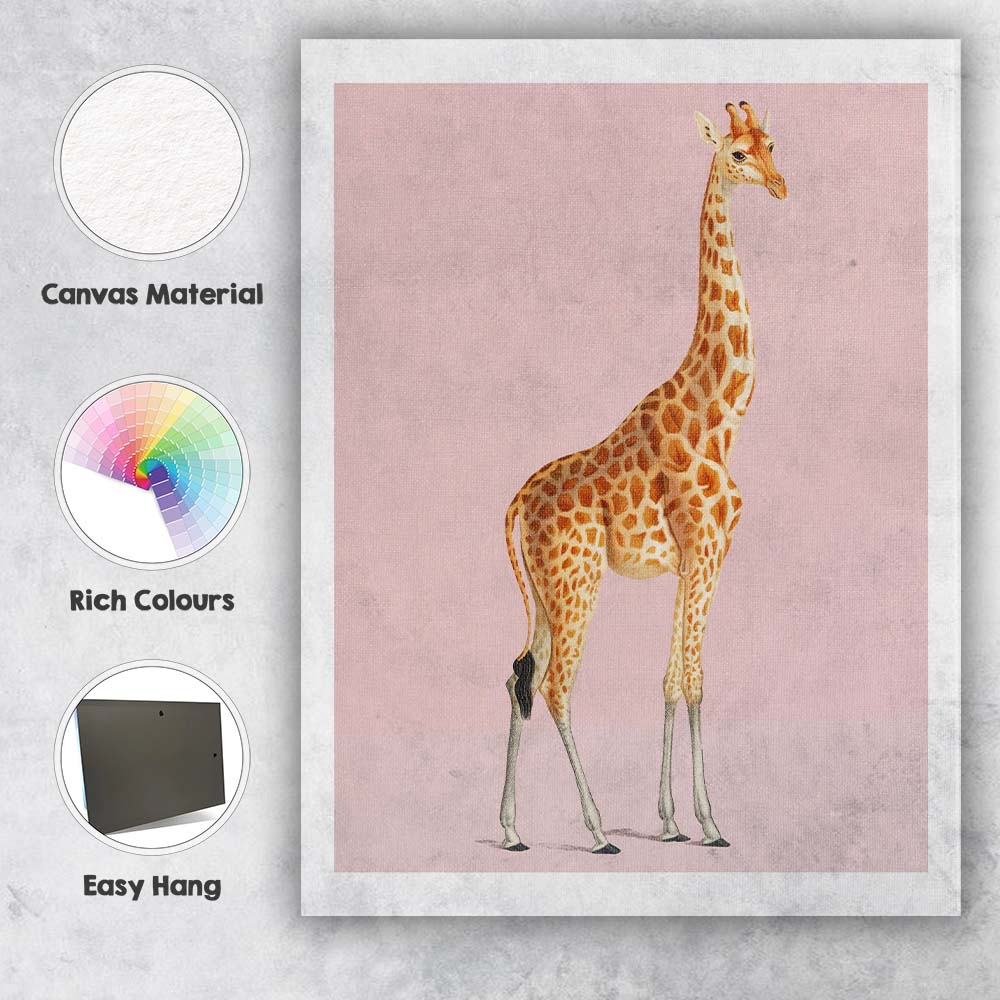 Elegant Giraffe Wildlife Portrait On Soft Blush Pink Background Canvas Wall Art Print Decor Picture Ready to Hang