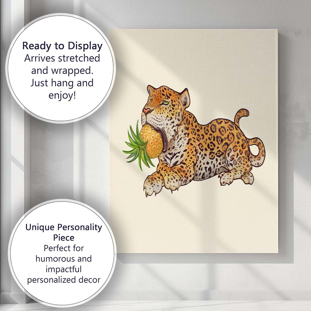 Playful Jaguar Holding Pineapple Contemporary Wildlife Artwork Canvas Wall Art Print Decor Picture Ready to Hang