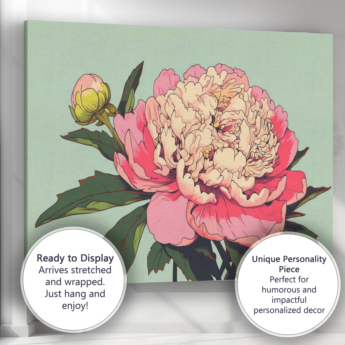 Soft Pink Peony Bloom Botanical Illustration Floral Artwork Canvas Wall Art Print Decor Picture Ready to Hang
