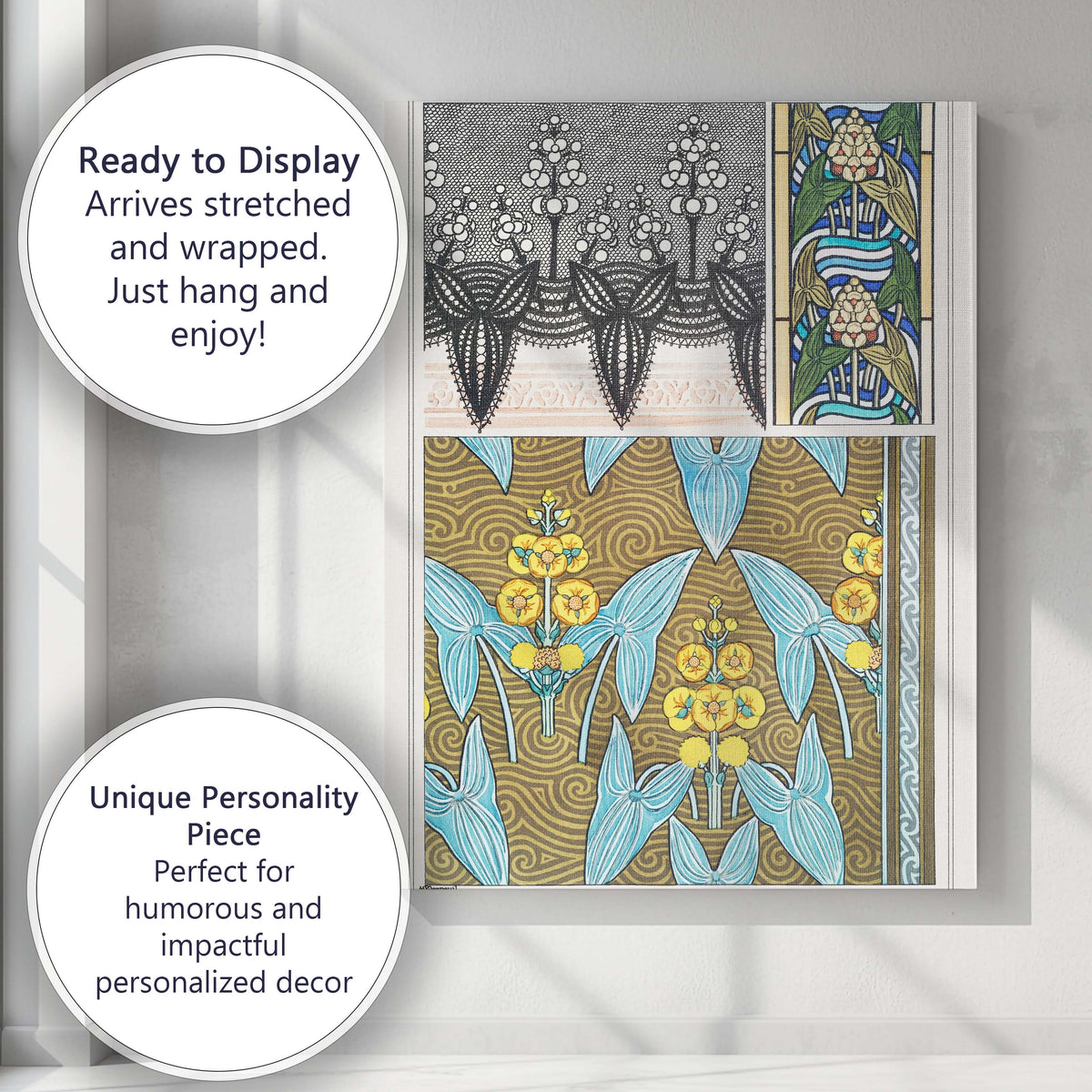 Art Nouveau Arrowhead Floral Pattern Decorative Botanical Design Canvas Wall Art Print Decor Picture Ready to Hang