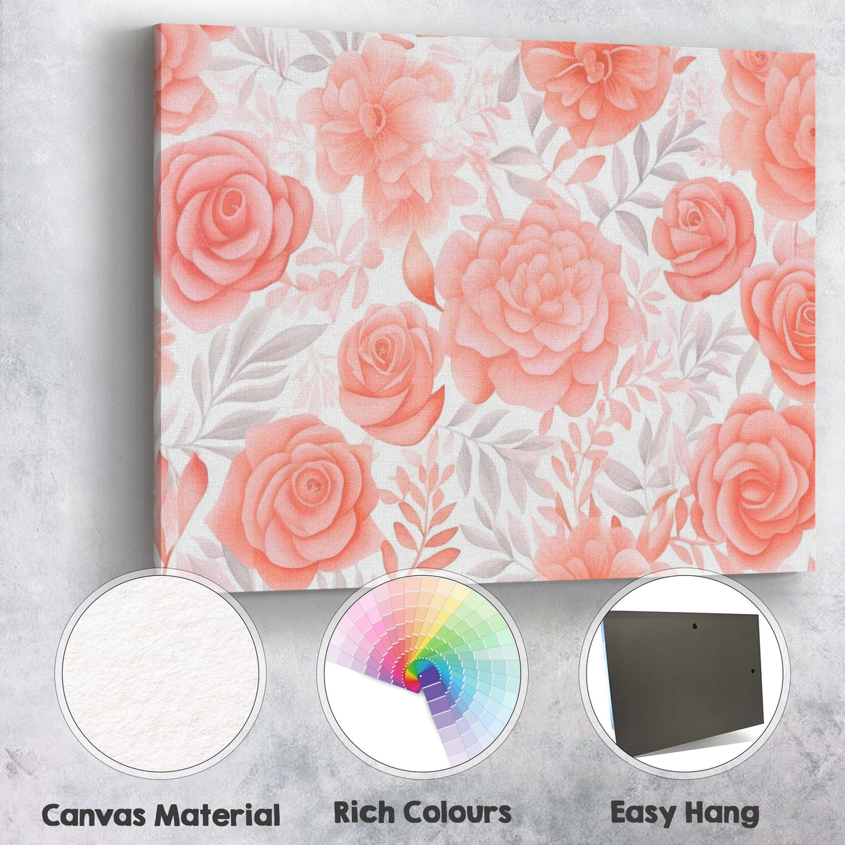 Soft Coral Rose Garden Floral Watercolour Pattern Canvas Wall Art Print Decor Picture Ready to Hang