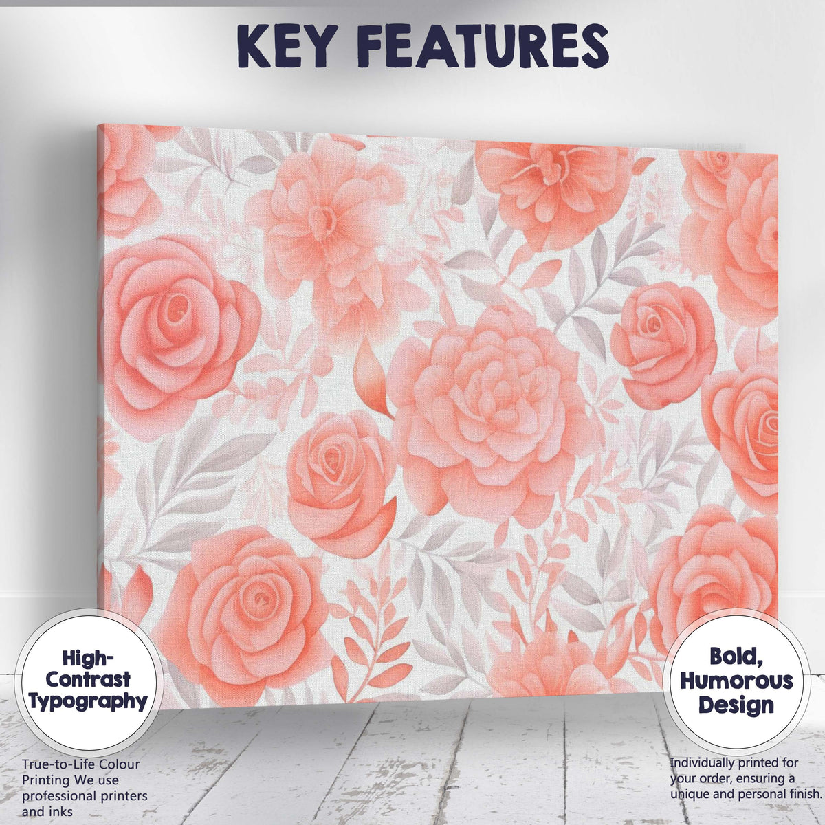 Soft Coral Rose Garden Floral Watercolour Pattern Canvas Wall Art Print Decor Picture Ready to Hang