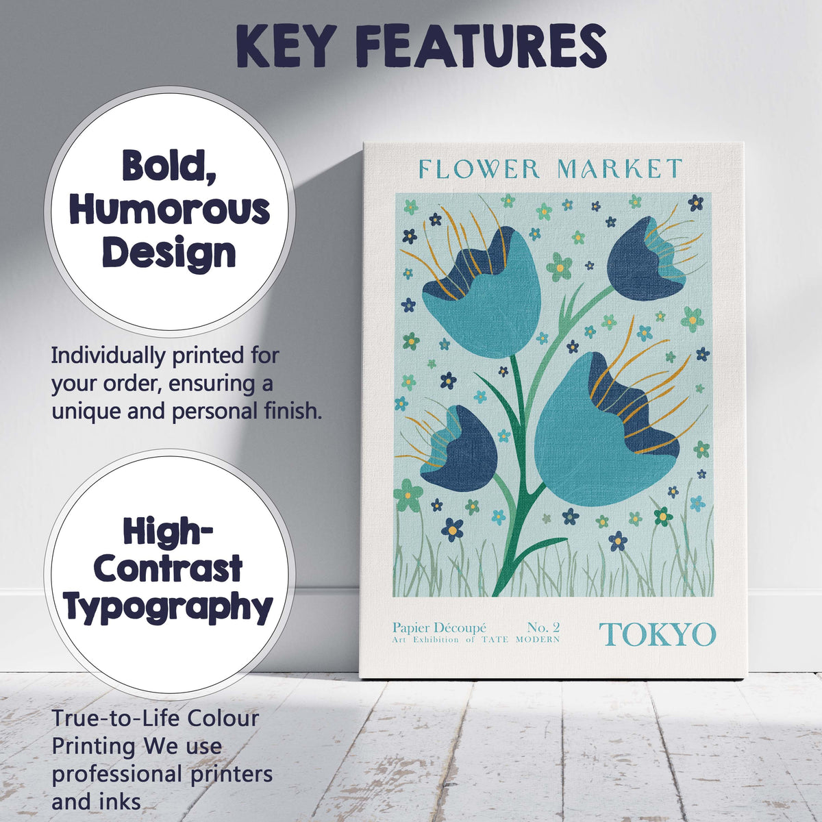Blue Tulip Scandinavian Floral Market Poster Canvas Wall Art Print Decor Picture Ready to Hang