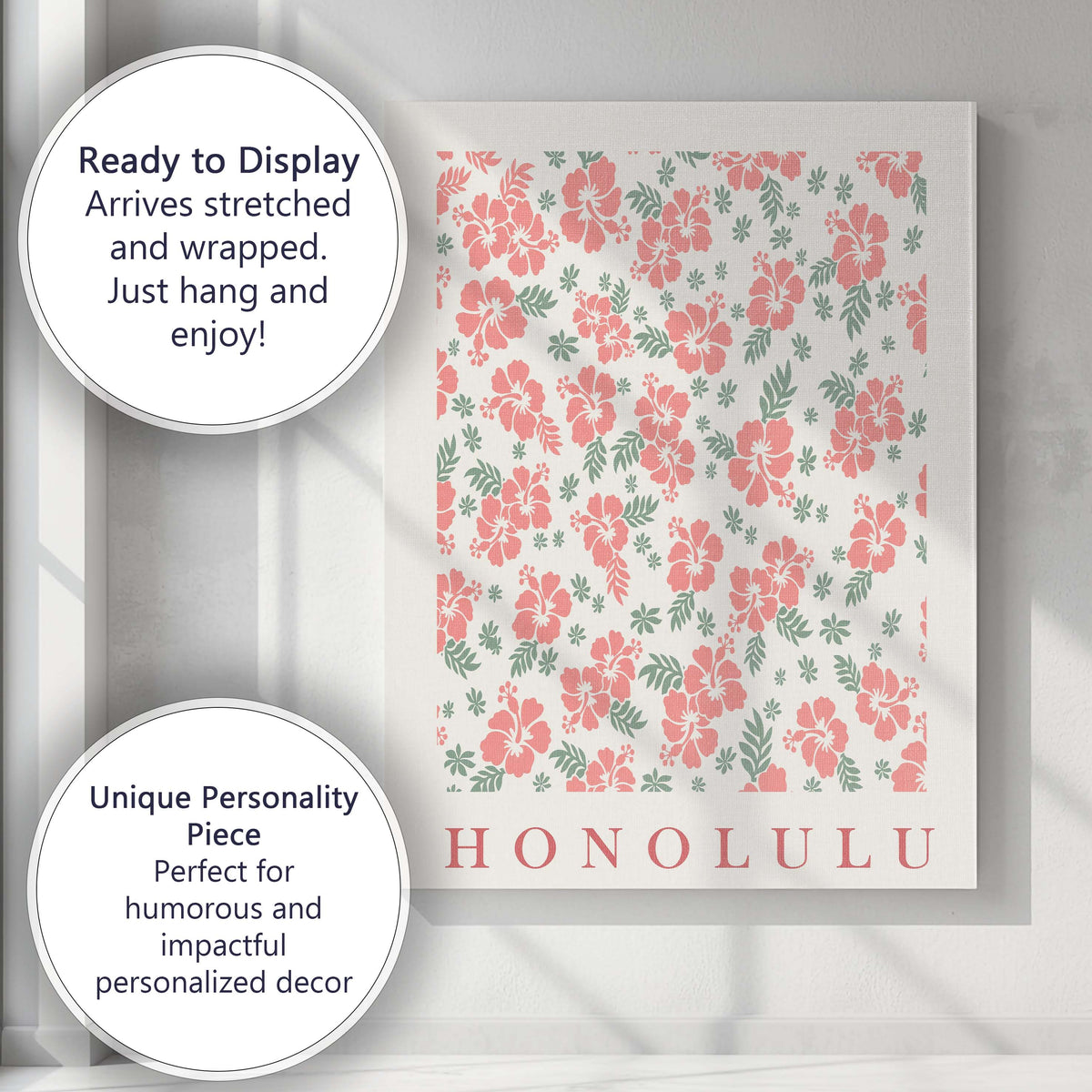 Tropical Pink Hibiscus Floral Repeat Pattern Poster Canvas Wall Art Print Decor Picture Ready to Hang