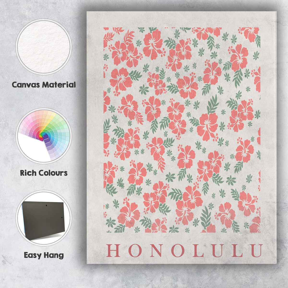 Tropical Pink Hibiscus Floral Repeat Pattern Poster Canvas Wall Art Print Decor Picture Ready to Hang