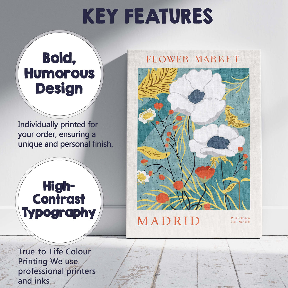 Art Deco Madrid Botanical Bloom Floral Poster Illustration Canvas Wall Art Print Decor Picture Ready to Hang