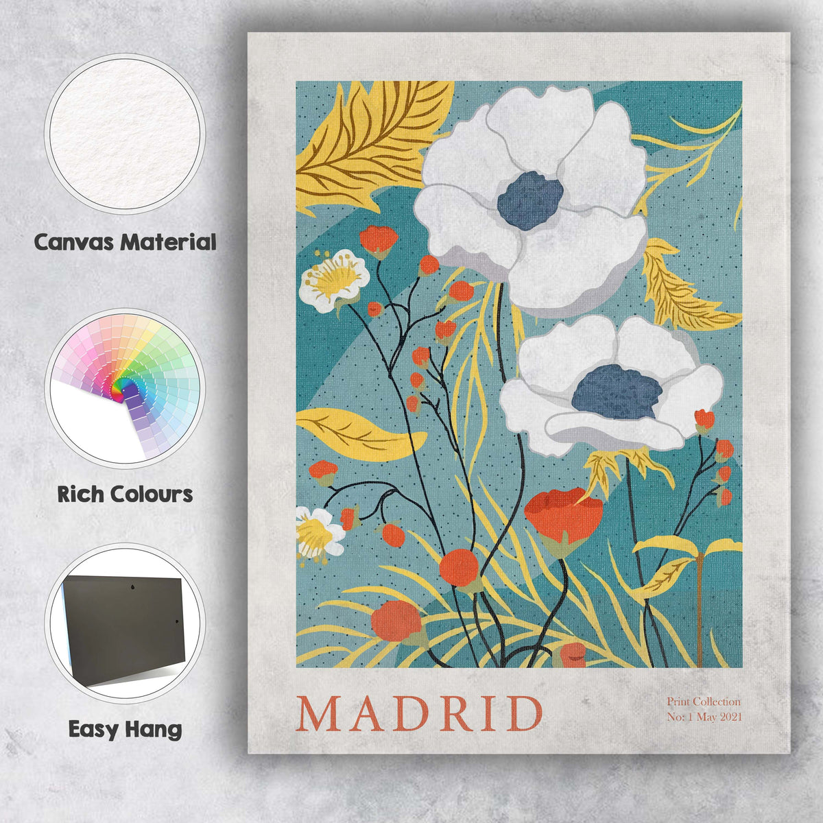 Art Deco Madrid Botanical Bloom Floral Poster Illustration Canvas Wall Art Print Decor Picture Ready to Hang