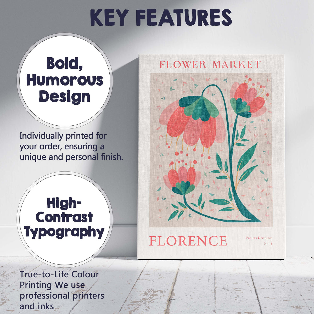 Coral Pink Folk Art Floral Market Poster Canvas Wall Art Print Decor Picture Ready to Hang