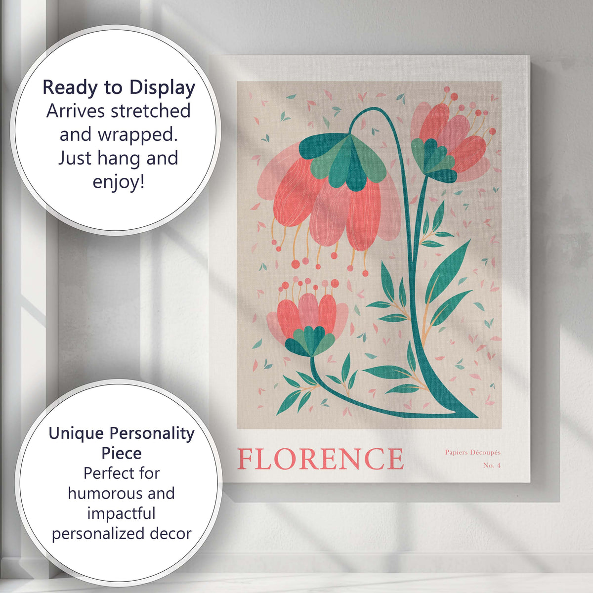 Coral Pink Folk Art Floral Market Poster Canvas Wall Art Print Decor Picture Ready to Hang