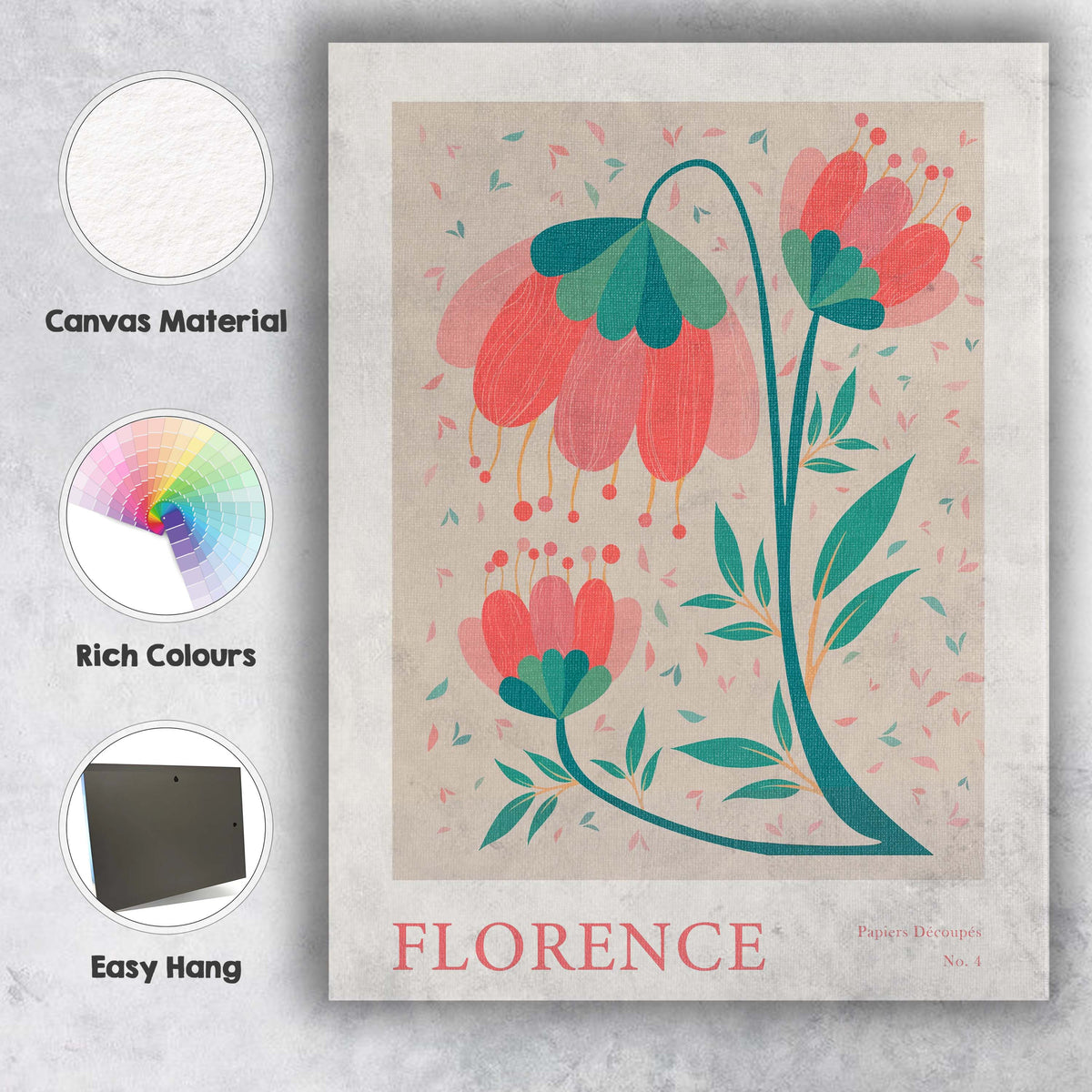 Coral Pink Folk Art Floral Market Poster Canvas Wall Art Print Decor Picture Ready to Hang