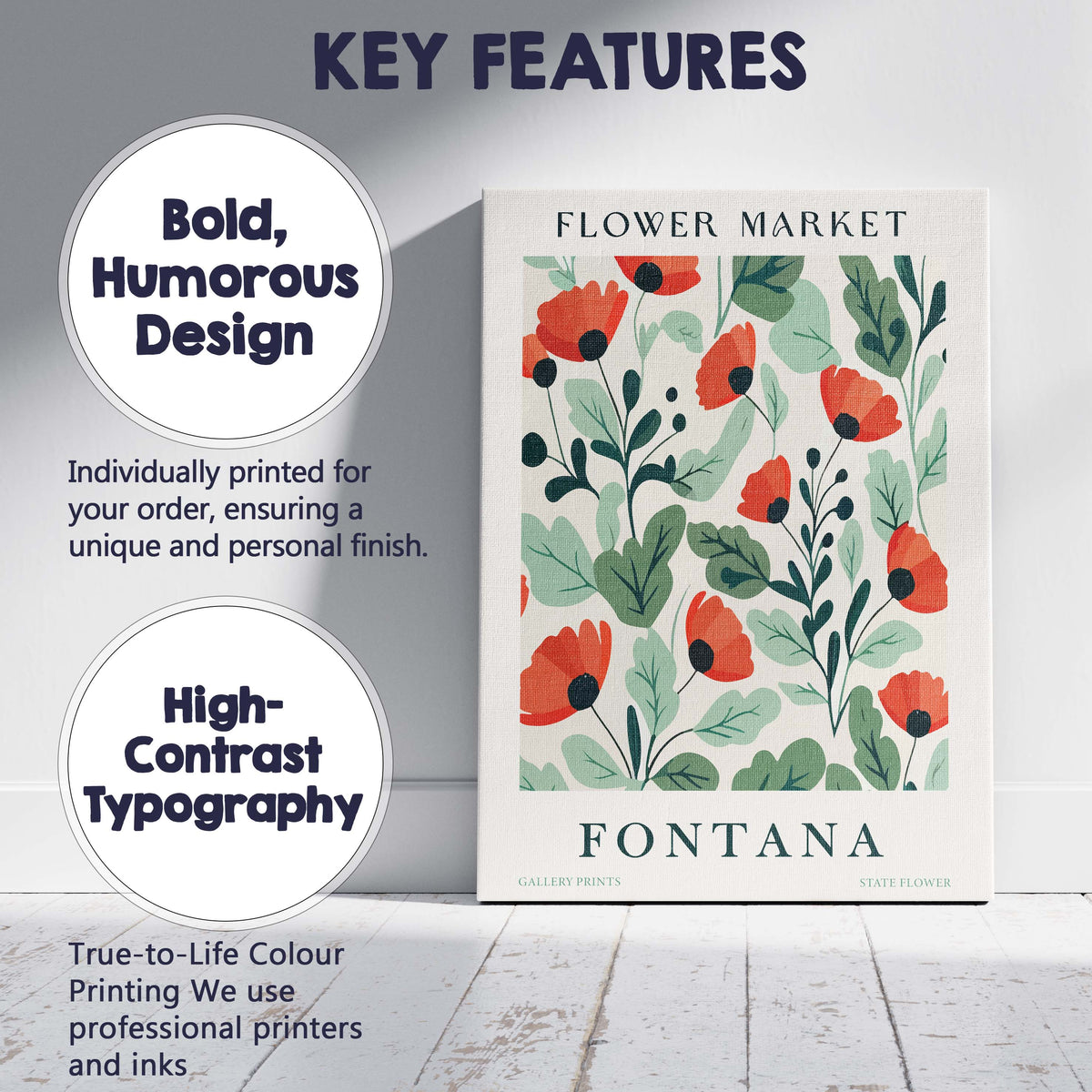 Modern Flower Market Fontana Red Poppy Botanical Poster Canvas Wall Art Print Decor Picture Ready to Hang