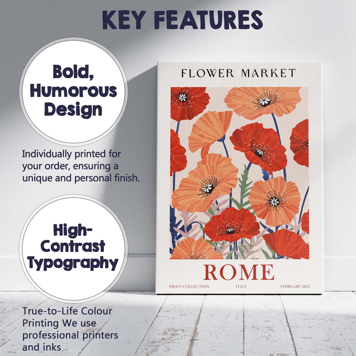 Flower Market Rome Coral And Scarlet Poppy Botanical Poster Canvas Wall Art Print Decor Picture Ready to Hang