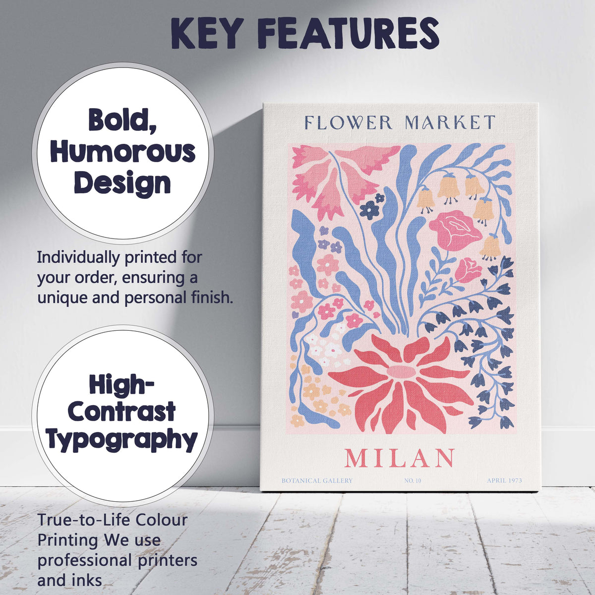 Scandinavian Milan Floral Folk Art Botanical Illustration Canvas Wall Art Print Decor Picture Ready to Hang
