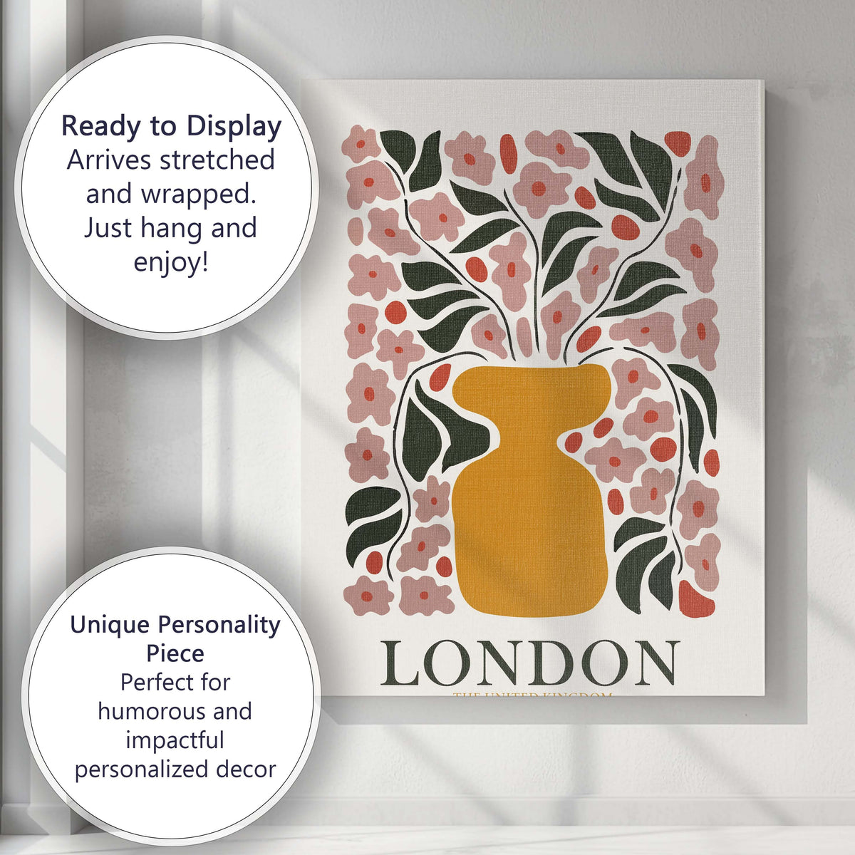 Modern Floral Vase Illustration Pink Blossom Canvas Wall Art Print Decor Picture Ready to Hang