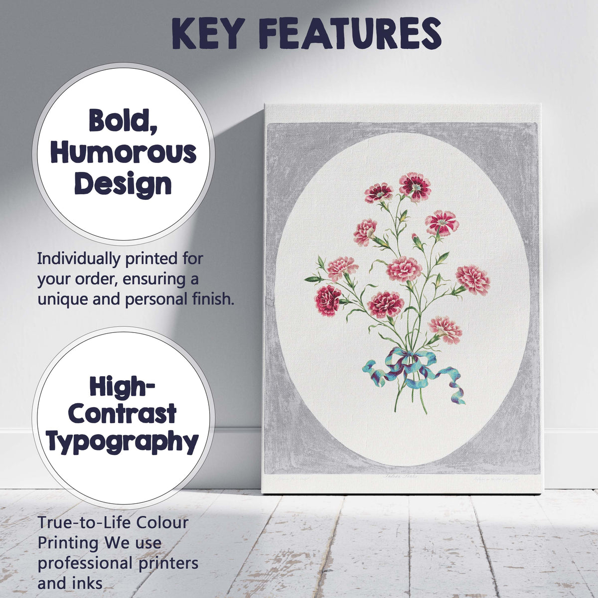 Antique Pink Carnation Bouquet Botanical Illustration Canvas Wall Art Print Decor Picture Ready to Hang