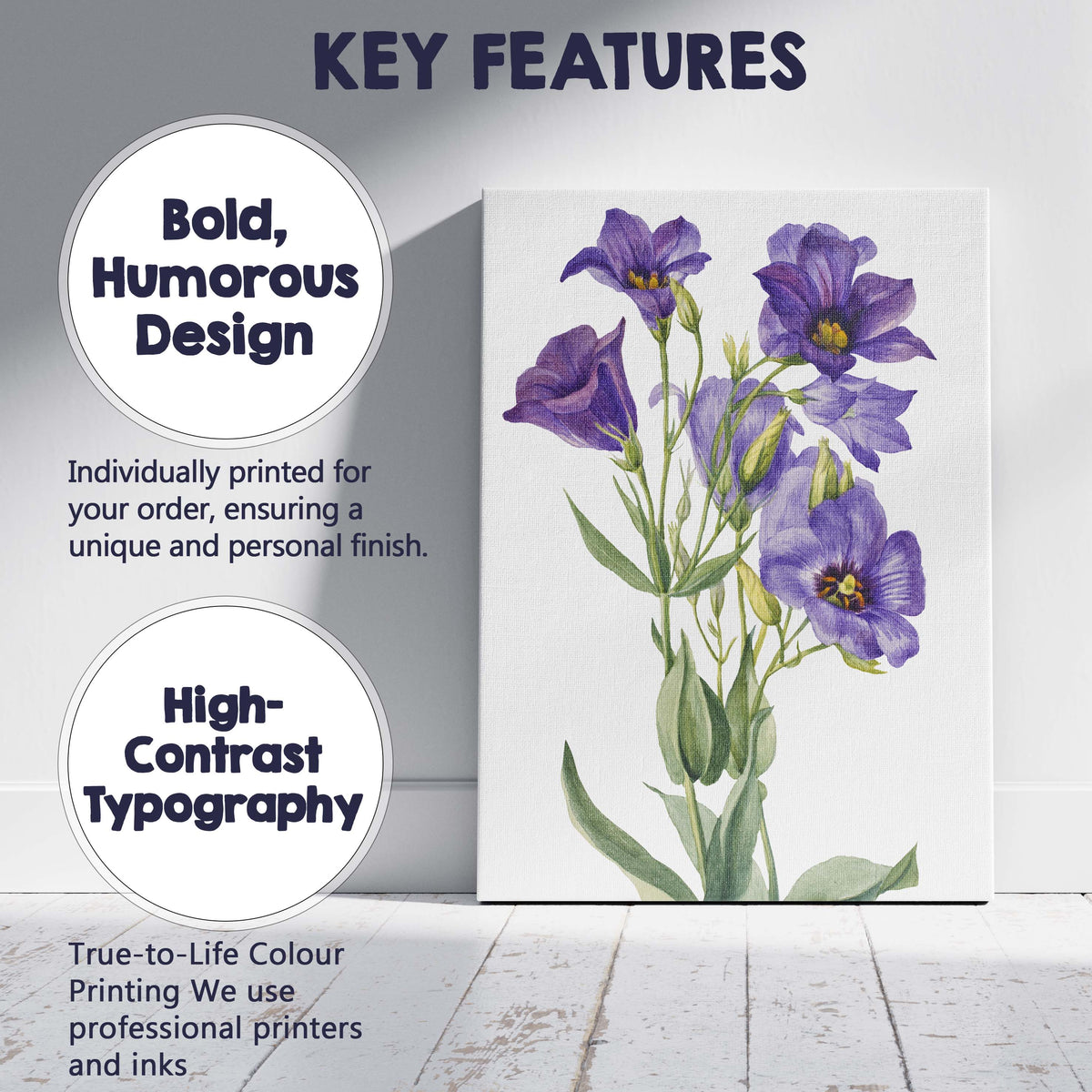Purple Lisianthus Botanical Watercolour Flower Illustration Canvas Wall Art Print Decor Picture Ready to Hang