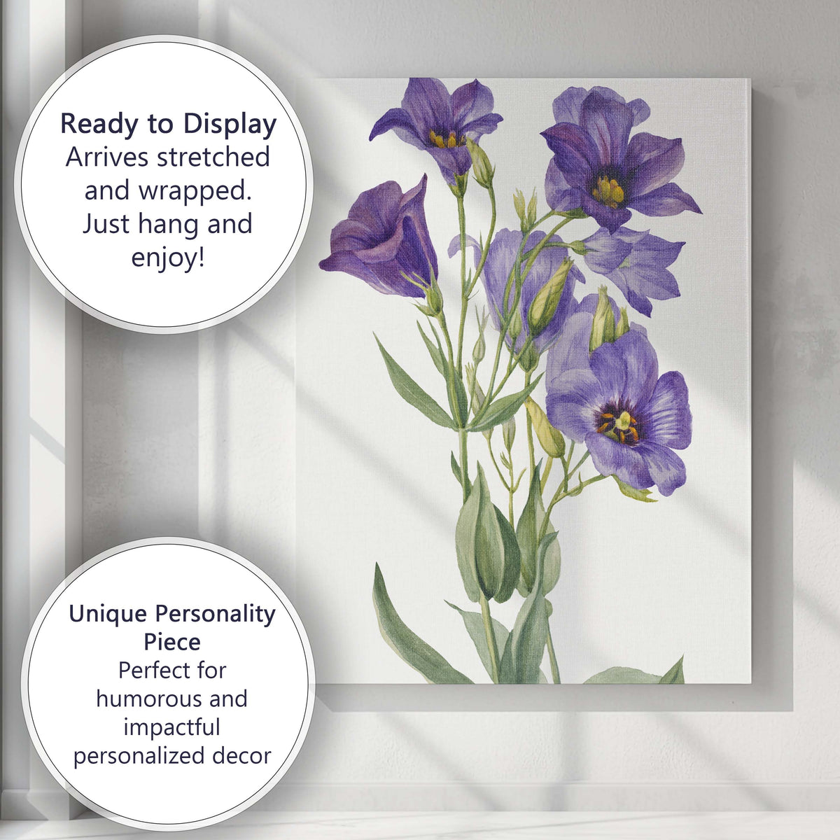 Purple Lisianthus Botanical Watercolour Flower Illustration Canvas Wall Art Print Decor Picture Ready to Hang