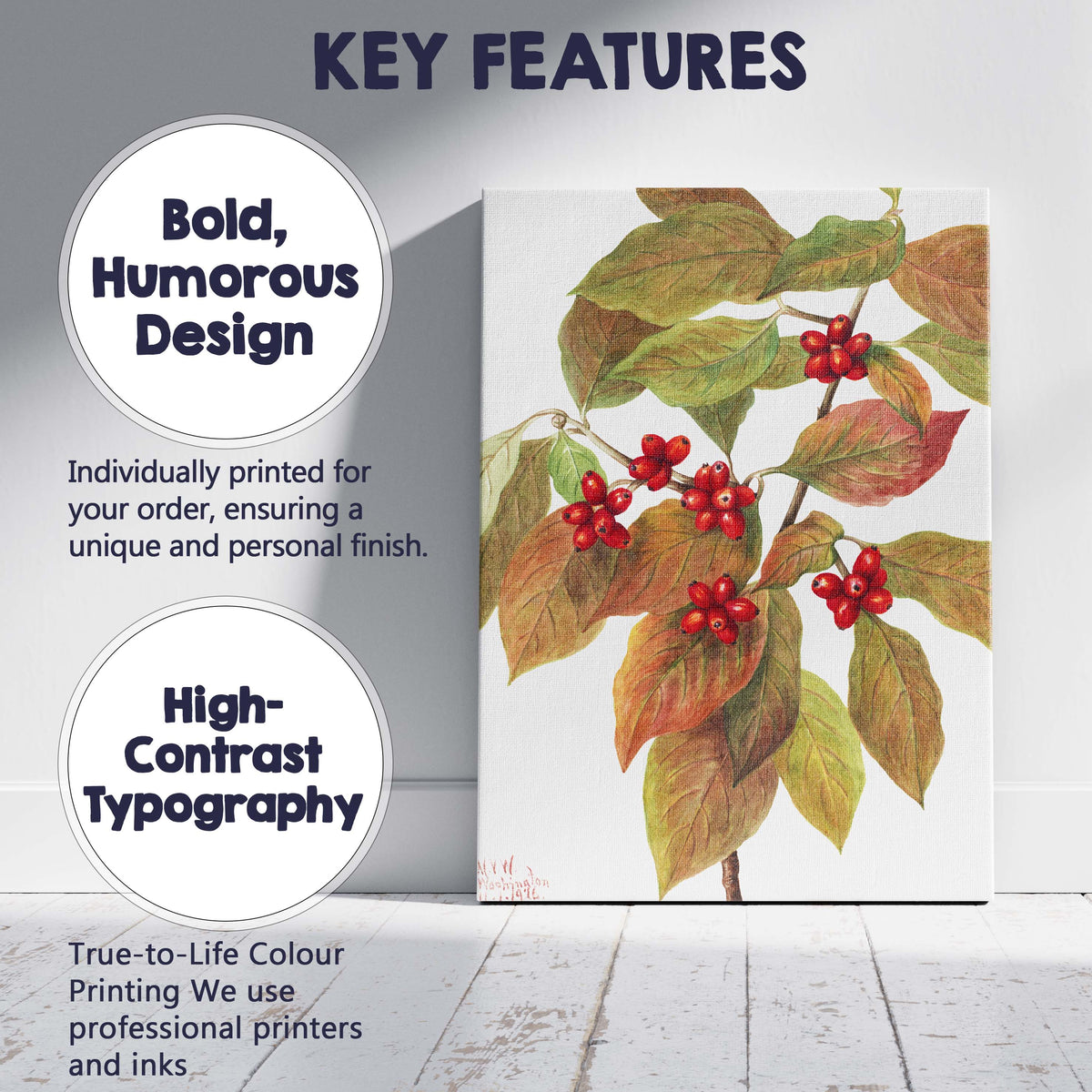 Autumn Red Berries Green Foliage Botanical Watercolour Canvas Wall Art Print Decor Picture Ready to Hang