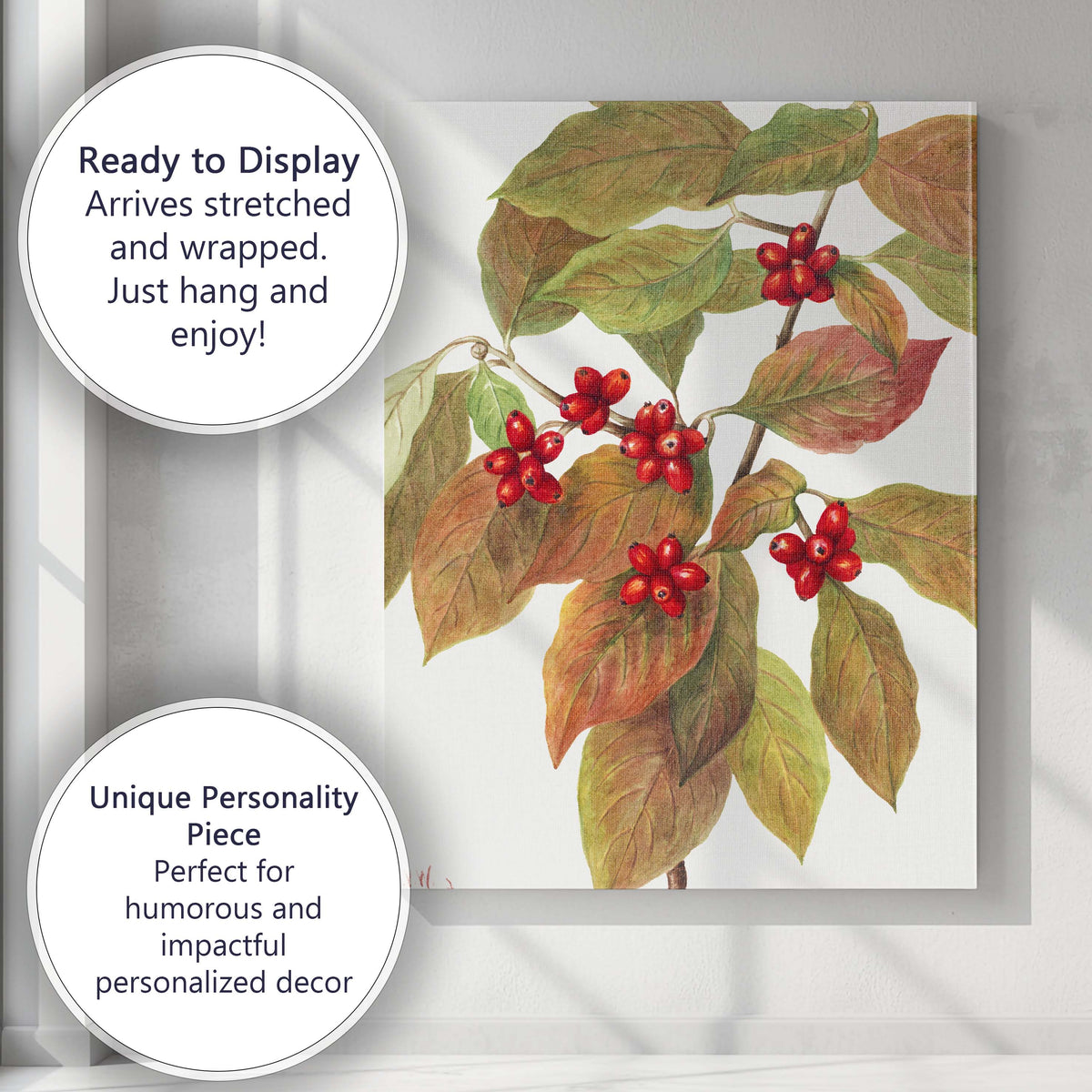 Autumn Red Berries Green Foliage Botanical Watercolour Canvas Wall Art Print Decor Picture Ready to Hang