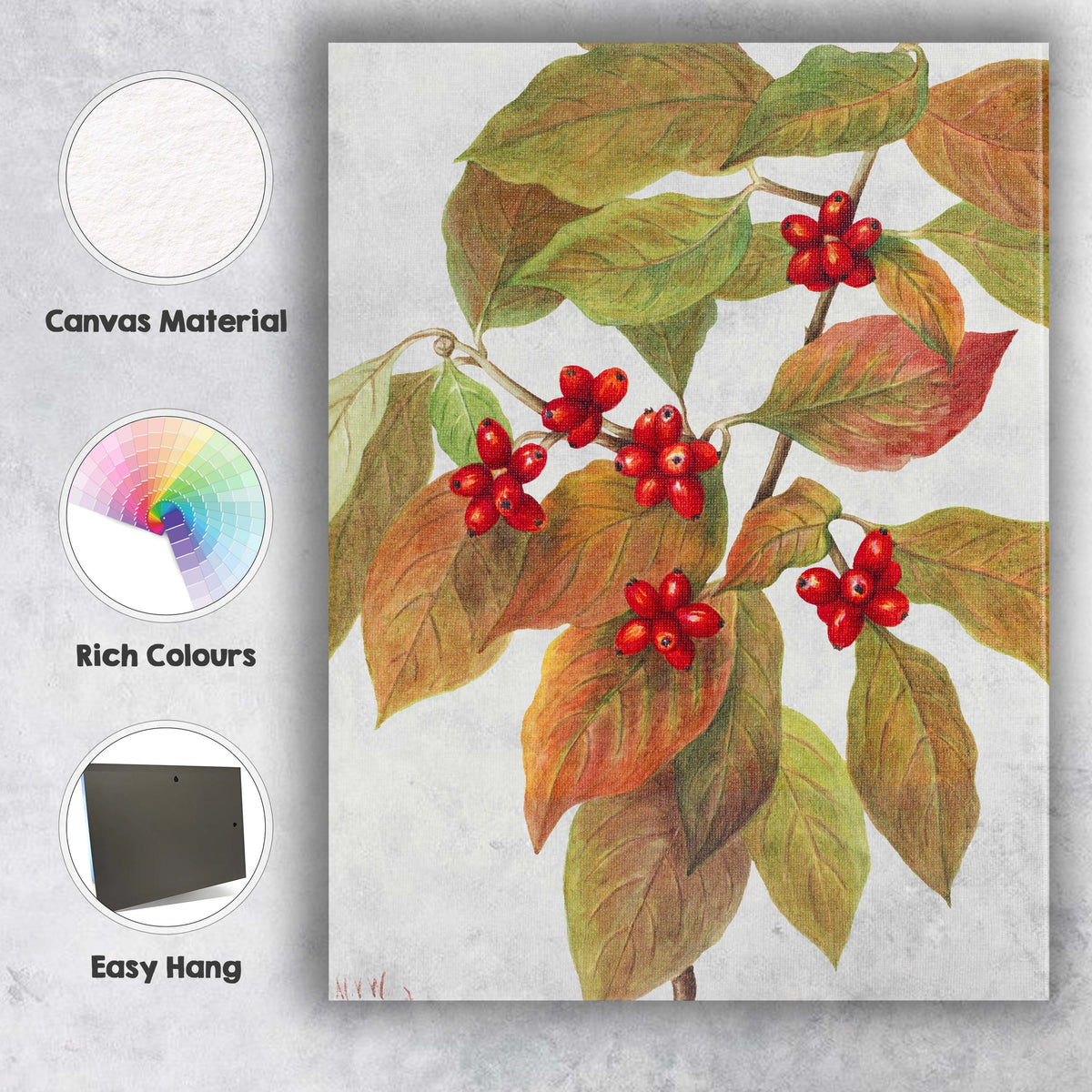 Autumn Red Berries Green Foliage Botanical Watercolour Canvas Wall Art Print Decor Picture Ready to Hang