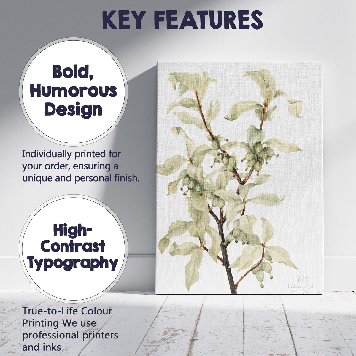 Pale Green Dogwood Branch Botanical Watercolour Study Canvas Wall Art Print Decor Picture Ready to Hang