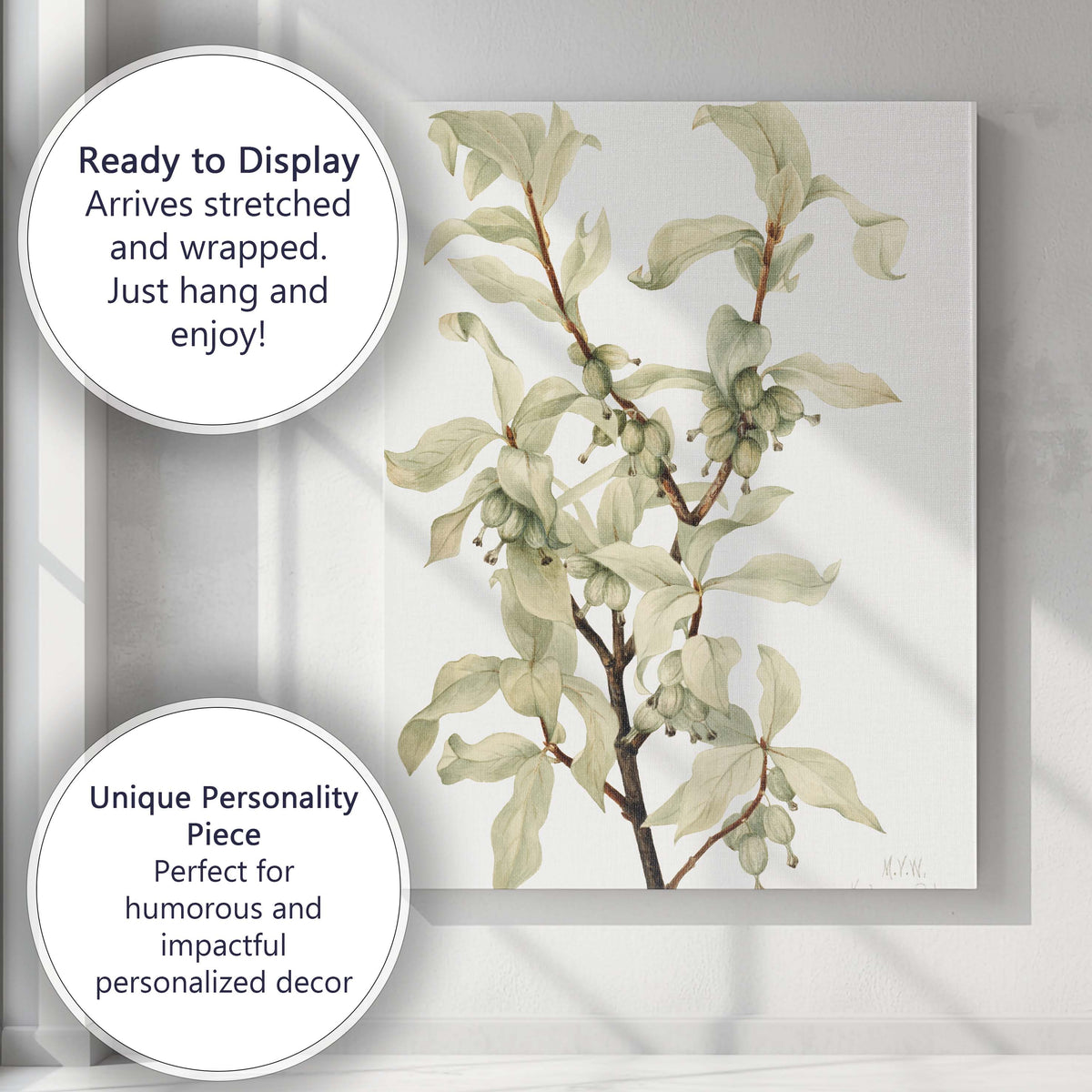 Pale Green Dogwood Branch Botanical Watercolour Study Canvas Wall Art Print Decor Picture Ready to Hang