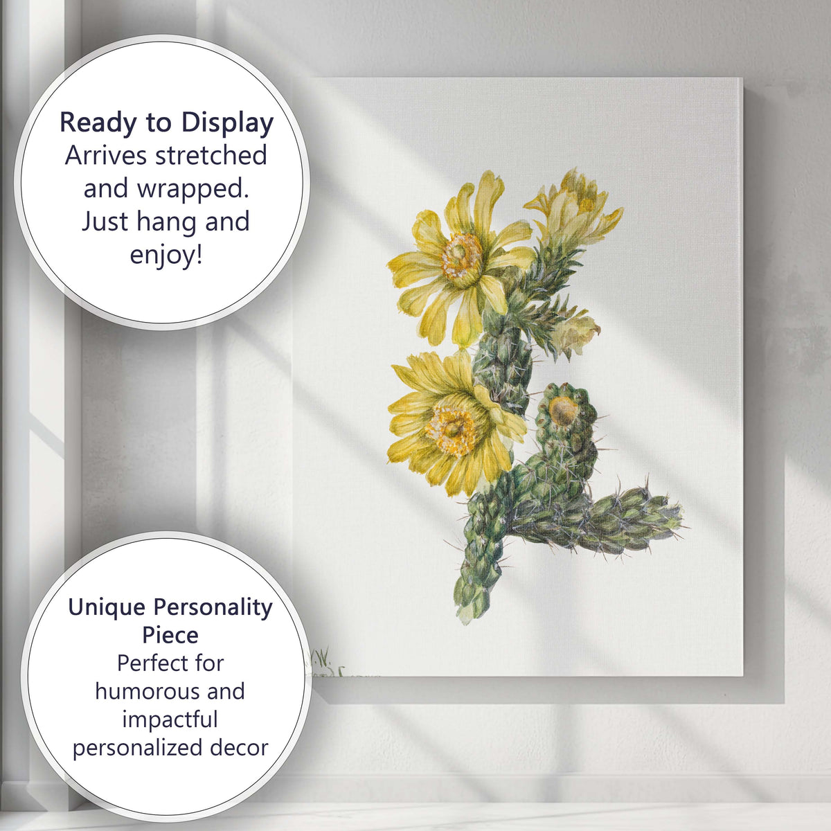 Yellow Flowering Cactus Botanical Desert Watercolour Canvas Wall Art Print Decor Picture Ready to Hang