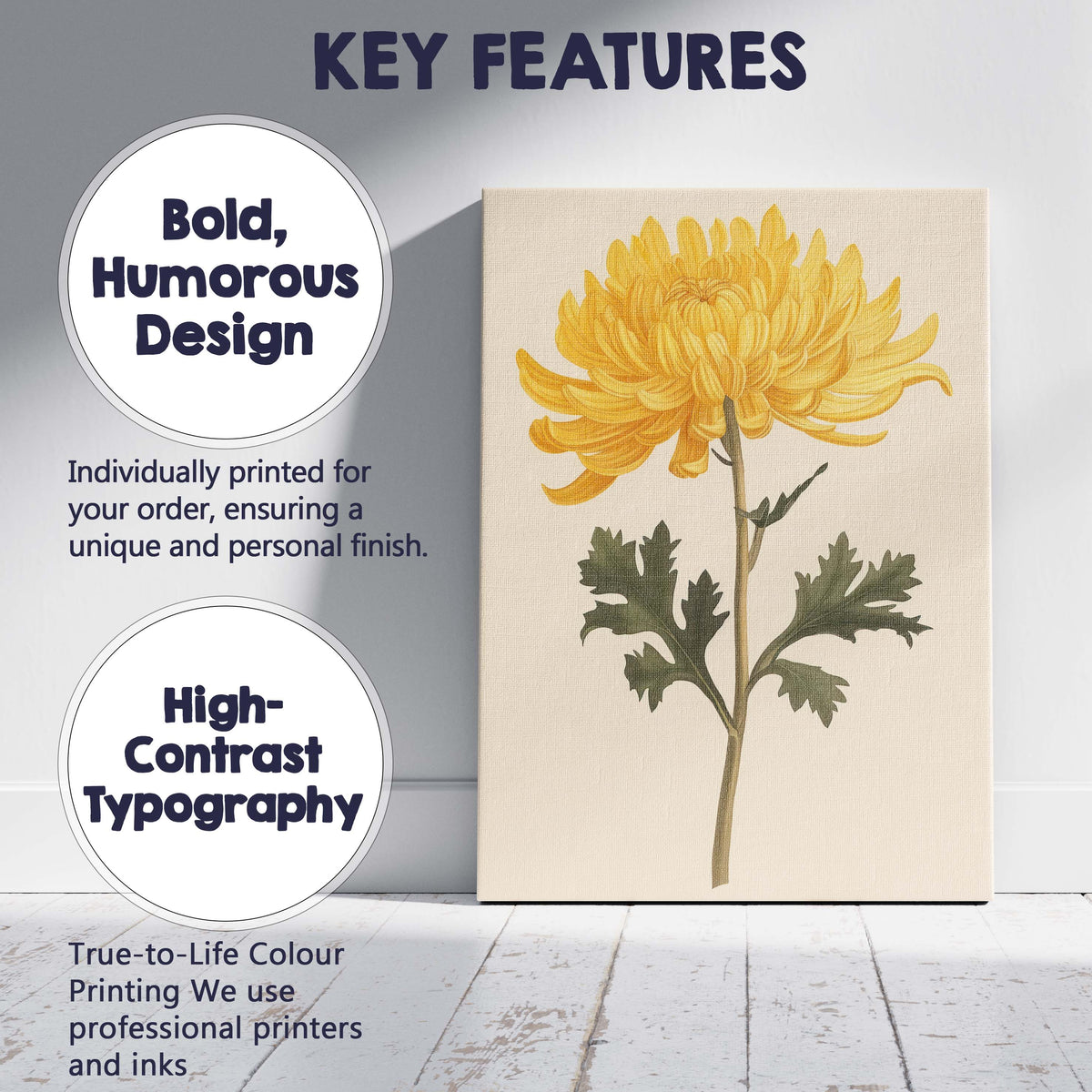 Elegant Golden Chrysanthemum Botanical Flower Illustration Canvas Wall Art Print Decor Picture Ready to Hang