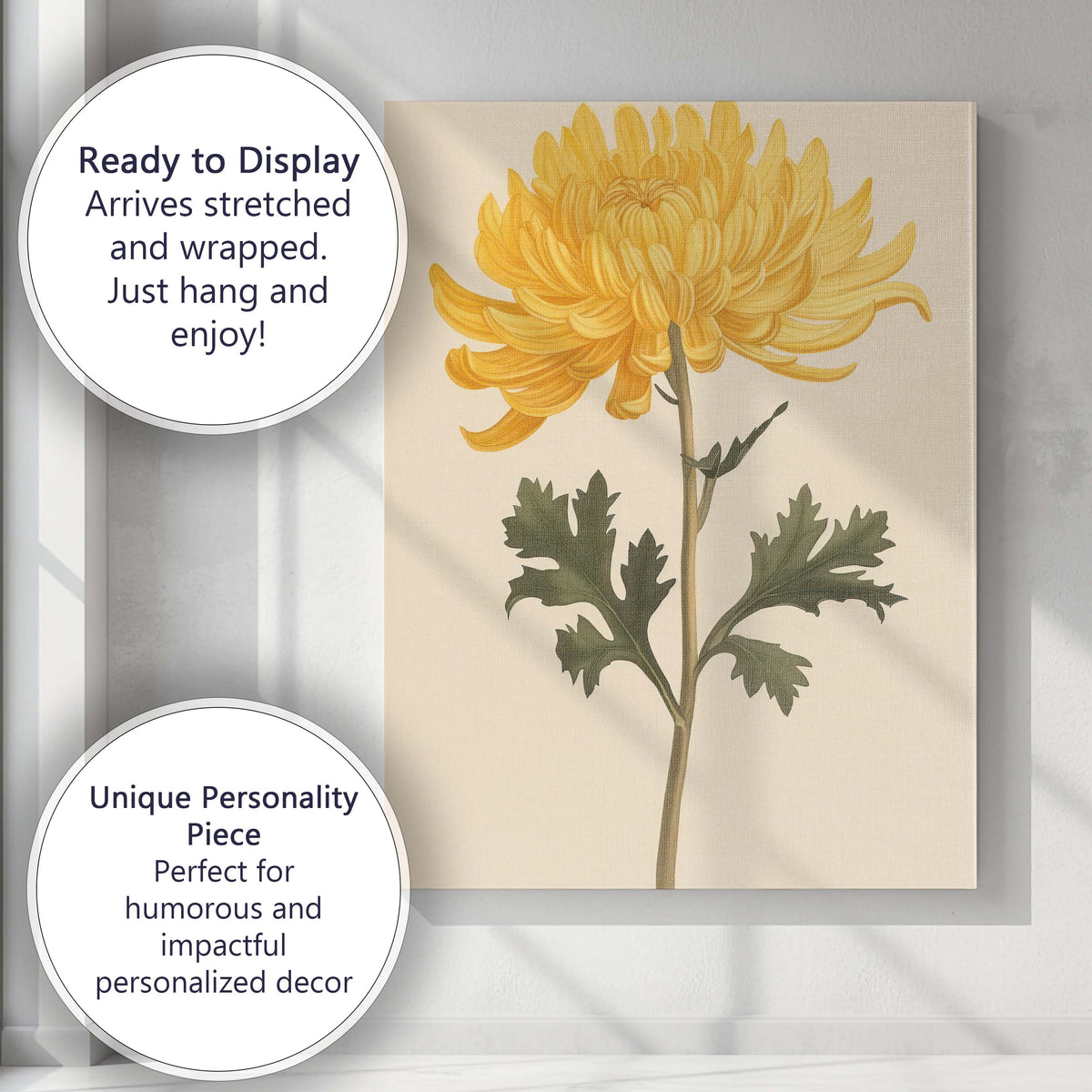 Elegant Golden Chrysanthemum Botanical Flower Illustration Canvas Wall Art Print Decor Picture Ready to Hang