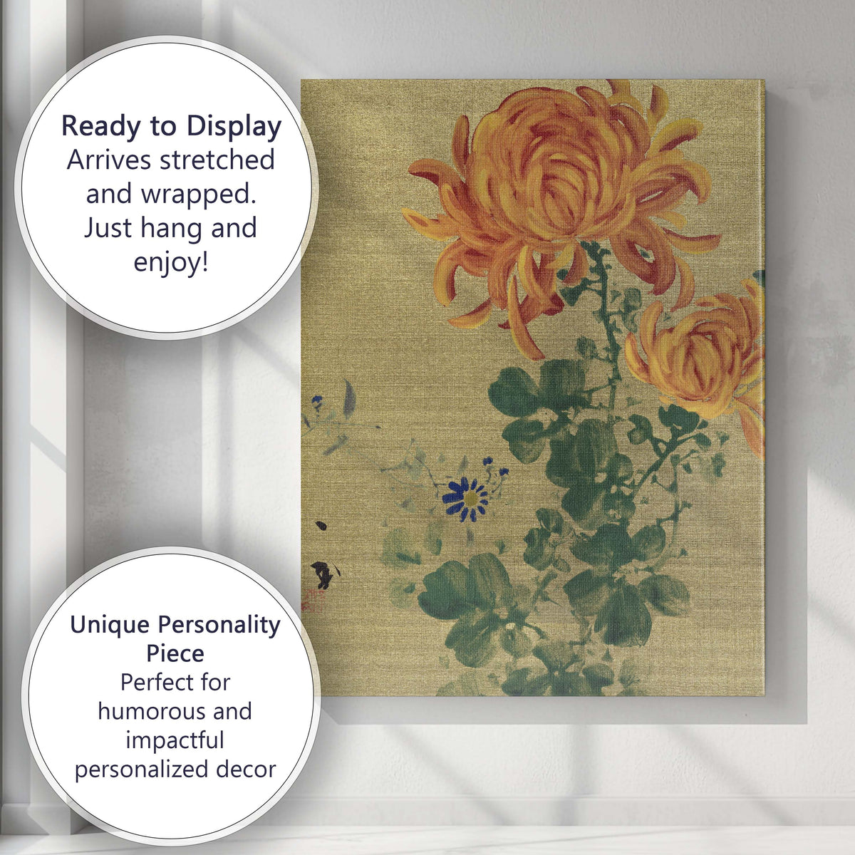 Japanese Style Golden Chrysanthemum Floral Painting Canvas Wall Art Print Decor Picture Ready to Hang