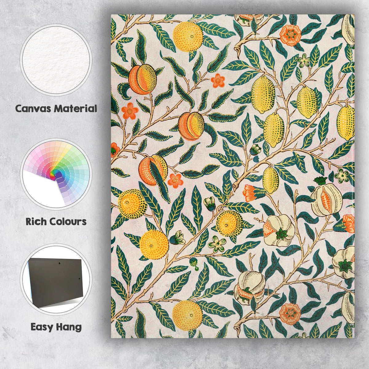 William Morris Style Citrus And Pomegranate Botanical Repeat Pattern Canvas Wall Art Print Decor Picture Ready to Hang