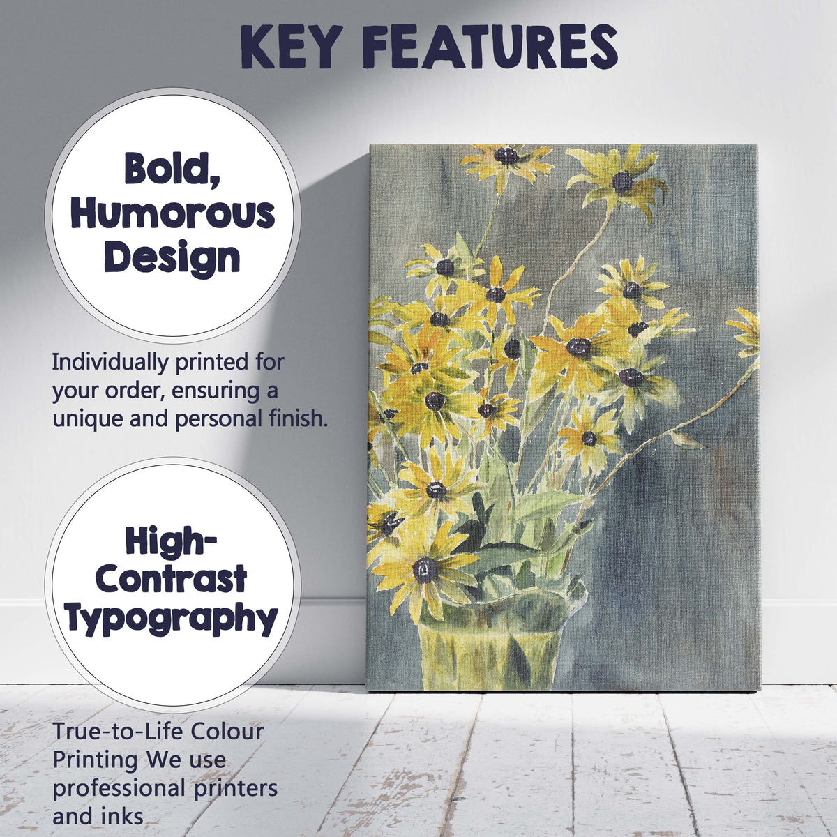 Watercolour Yellow Black Eyed Susan Bouquet Floral Painting Canvas Wall Art Print Decor Picture Ready to Hang