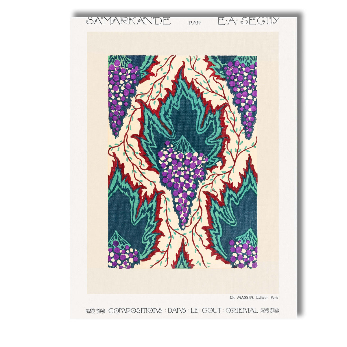 Art Deco Grape Vine And Leaf Pattern In Teal Purple And Cream Canvas Wall Art Print Decor Picture Ready to Hang