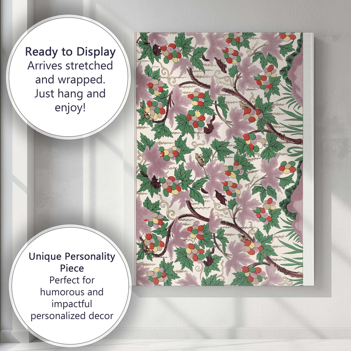 Art Deco Grape Vine Pattern In Soft Pink Green And Cream Canvas Wall Art Print Decor Picture Ready to Hang