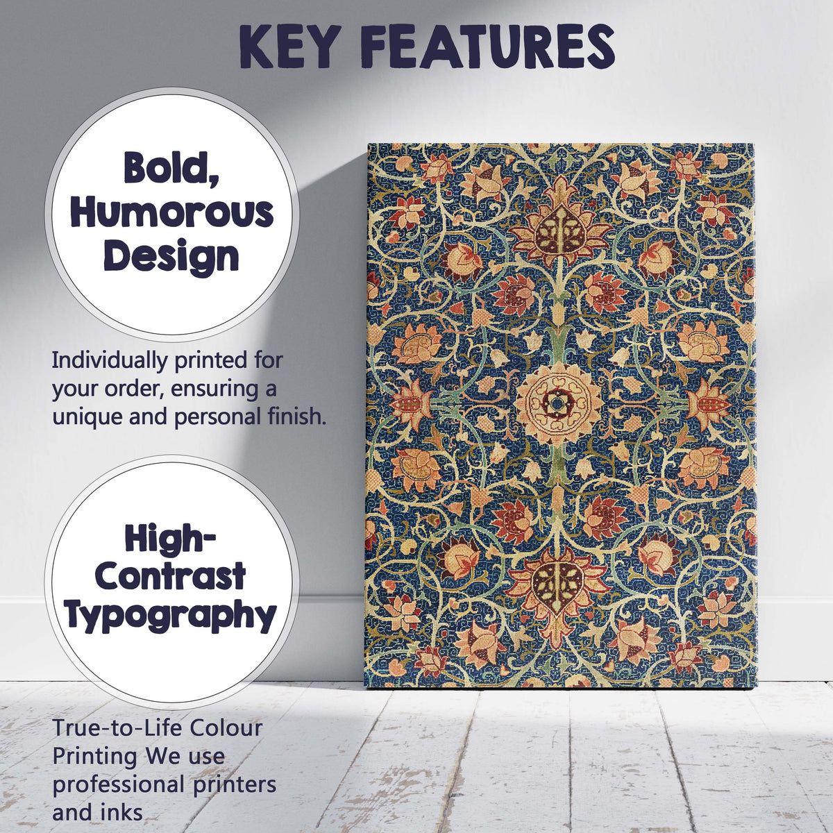 Persian Style Blue Floral Carpet Ornament Pattern Canvas Wall Art Print Decor Picture Ready to Hang