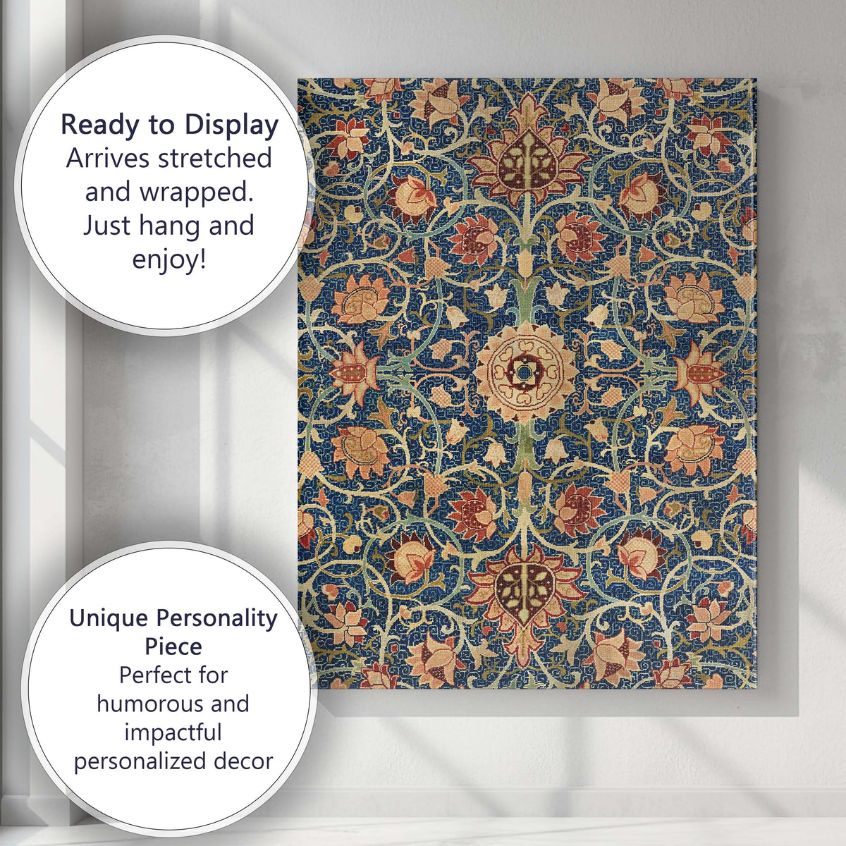Persian Style Blue Floral Carpet Ornament Pattern Canvas Wall Art Print Decor Picture Ready to Hang