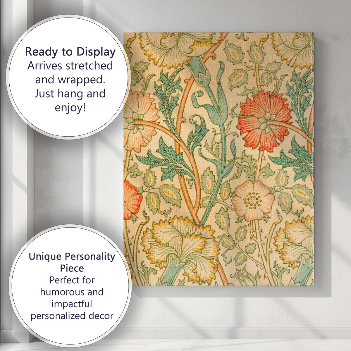 William Morris Inspired Carnation Floral Arts and Crafts Pattern Canvas Wall Art Print Decor Picture Ready to Hang