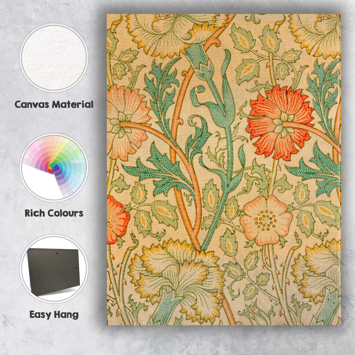 William Morris Inspired Carnation Floral Arts and Crafts Pattern Canvas Wall Art Print Decor Picture Ready to Hang