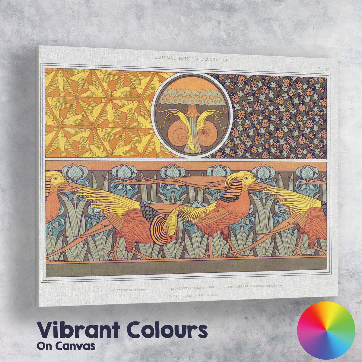 Art Nouveau Golden Pheasant Bird Border Pattern Decorative Design Canvas Wall Art Print Decor Picture Ready to Hang