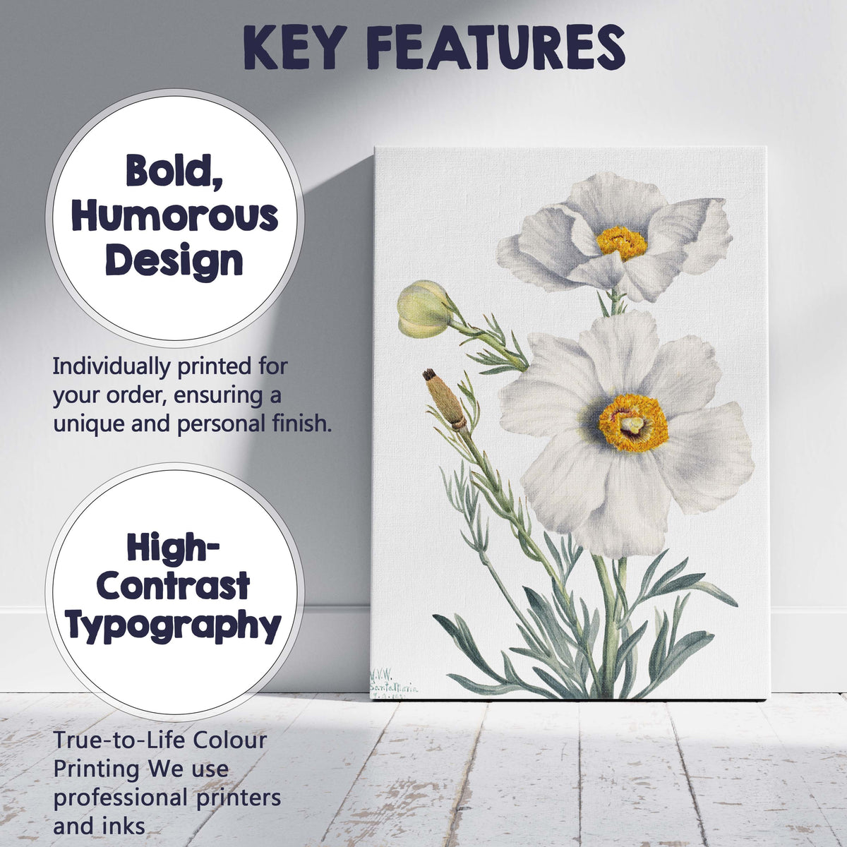 White Poppy Botanical Watercolour Flower Study Elegant Floral Canvas Wall Art Print Decor Picture Ready to Hang